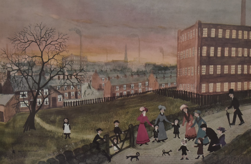 After Helen Bradley (1900-1979), a coloured print, 'Family In Spring Lane' with text beneath,