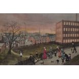 After Helen Bradley (1900-1979), a coloured print, 'Family In Spring Lane' with text beneath,