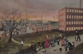 After Helen Bradley (1900-1979), a coloured print, 'Family In Spring Lane' with text beneath,