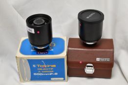 Two Tokina RMC 1:8 500mm Mirror leses Nos 8129823& 8302460 both in cases