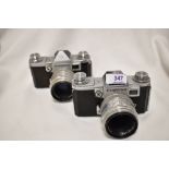 Two Praktina FX cameras one with Carl Zeiss Jena Blotar 1:2 58mm lens the othe Carl Zeiss Jena