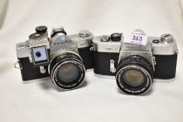 Two Minolta SR-1 cameras one with light meter Nos 1201650 &2546153 with a Minolta Auto Rokker-PF 1:2