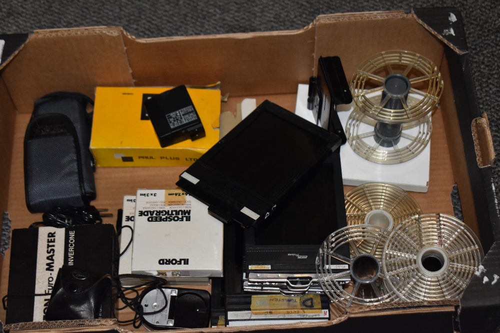 A box of various photographic and studio items including two Weston Euro Master light metres in