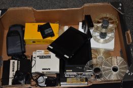 A box of various photographic and studio items including two Weston Euro Master light metres in