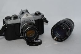 An Asahi Pentax SP500 camera No3358056 with Suoer-Takumar 1:2/55 lens No 6357799 and Tamron Twin