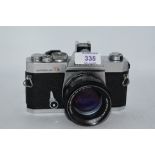 A Konica Autoreflex T3 camera No648730 with Konica Hexicon AR 1:4 57mm lens No7678174