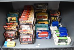 A shelf of modern Corgi diecasts including Fire Heroes, Mobil, Texaco, Double Nine limited