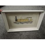 A carriage style framed Pen & Ink Watercolour by R Johnson, 0-4-4 LSWR 227 Locomotive in yellow