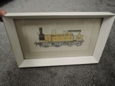 A carriage style framed Pen & Ink Watercolour by R Johnson, 0-4-4 LSWR 227 Locomotive in yellow