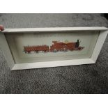 A carriage style framed Pen & Ink Watercolour R Johnson, 4-4-0 Gooch 8 Loco & Tender in red