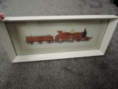 A carriage style framed Pen & Ink Watercolour R Johnson, 4-4-0 Gooch 8 Loco & Tender in red