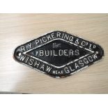 A cast metal Wagon Plate, R Y Pickering & Co Ltd, Wishaw Near Glasgow, Builders in black with