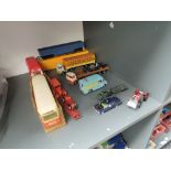 A collection of mixed diecast and plastic toys including Norev Autobus No98 in part original display