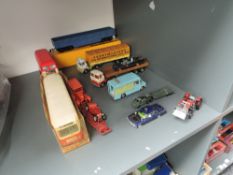 A collection of mixed diecast and plastic toys including Norev Autobus No98 in part original display