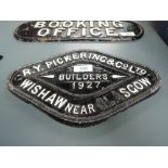 A cast metal Wagon Plate, R Y Pickering & Co Ltd, Wishaw Near Glasgow, Builders 1927 in black with