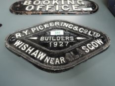 A cast metal Wagon Plate, R Y Pickering & Co Ltd, Wishaw Near Glasgow, Builders 1927 in black with