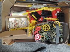 A box of mixed toys including many playworn plastic Soldiers, Rustler Ace Toy Rifle, Jigsaws etc