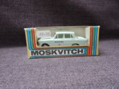 A Moskvitch 1:43 scale diecast, Medica Car in light blue with white interior, in original window