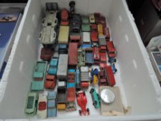 A box of playworn diecasts including Dinky Chevrolet Camino, Matchbox, Lesney etc