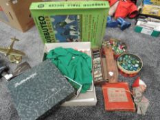A box of vintage Games and Toys including Subbuteo Club Edition par set, Chad Valley Solitaire,