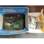 Two boxes of playworn diecasts including Dinky Military Vehicles and Aeroplanes etc