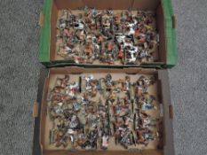 Two boxes containing 80 Del Prado white metal hand painted horseback and cavalry figurines mainly