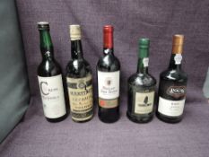 Five bottles of mixed Alcohol, Sandeman White Porto 19% vol, 75cl, Pocas Ruby Porto 19% vol,
