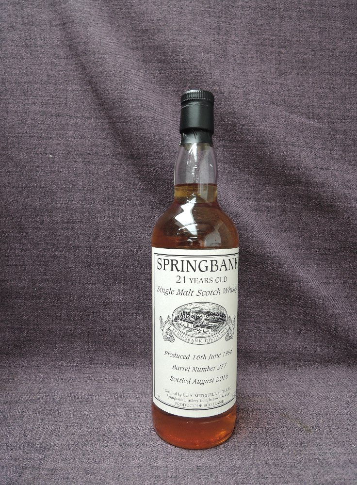 A bottle of Springbank 21 Year Old Single Malt Scotch Whisky, produced 16th June 1995, bottled