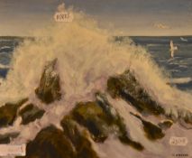 M.J. Reeve (20th Century), oil on board, A lively seascape with waves crashing against rocks, signed