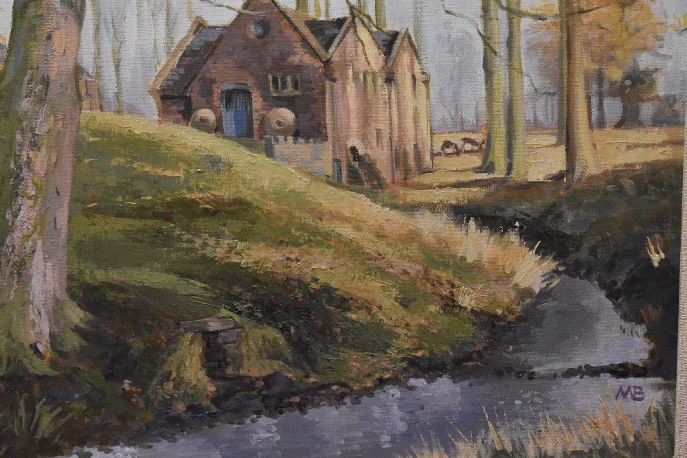 20th Century British School, oil on board, A red brick mill set within an autumnal woodland - Image 3 of 4