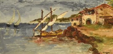 Artist Unknown, 20th Century, oil on canvas, A coastal landscape depicting masted boats beside two