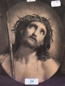 After Guido Reni (1575-1642), monochrome engraving, Head of Christ crowned with thorns, displayed in