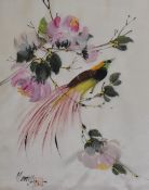20th Century Chinese School, two paintings on material, Birds on fruiting branches, framed, mounted,