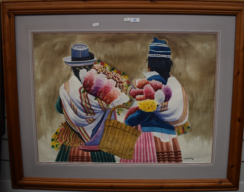 Unknown Artist, 20th Century Continental School, watercolour, Hispanic flower gatherers, signed ' - Image 2 of 3