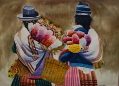 Unknown Artist, 20th Century Continental School, watercolour, Hispanic flower gatherers, signed '