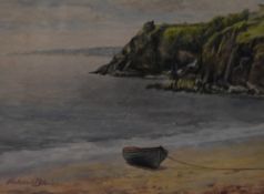Gabriel Blair (1862-1932), watercolour, A sandy bay with moored rowing boat, signed to the lower