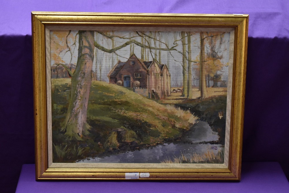 20th Century British School, oil on board, A red brick mill set within an autumnal woodland - Image 2 of 4