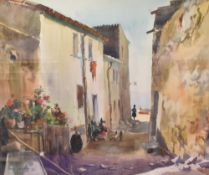 Ezequiel Torroella (1921-1998, Spanish), watercolour, 'Alleyway In A Fishing Village', signed to the