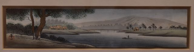 20th Century, Chinese School, watercolour, A winding river landscape with mountains beyond, monogram