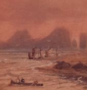 19th/20th century, watercolour, A seascape with boats and towering sea stacks beyond, framed,