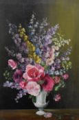 Irene Morphy (20th Century), oil on board, A still life depicting a vase of roses and other