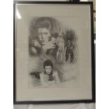 A large David Bowie pencil sketch , framed , mounted and signed by the artists measuring 67 cm by 83