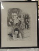 A large David Bowie pencil sketch , framed , mounted and signed by the artists measuring 67 cm by 83