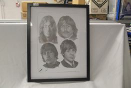 A framed Chris Burns pencil sketch limited edition Beatles print measuring 44cm x 54cm