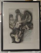 A large David Bowie pencil sketch , framed , mounted and signed by the artists measuring 67 cm by 83