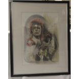 A large David Bowie pencil sketch , framed , mounted and signed by the artists measuring 67 cm by 83