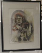 A large David Bowie pencil sketch , framed , mounted and signed by the artists measuring 67 cm by 83