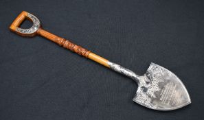 A rare and impressive late Victorian full sized silver mounted oak presentation spade, of local