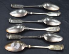 A group of six George V silver Old English pattern soup spoons, with engraved initial H and pip