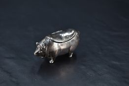 A late Victorian silver pig-form snuff box, having rounded oblong hinged cover, marks for London
